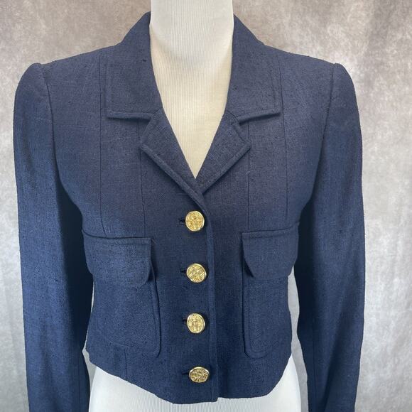 Vtg 90s Carlisle 100% Silk Blazer Jacket Women Sz 4 Blue Cropped Gold Button NWT - Picture 2 of 9
